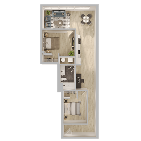 Floor plan for 2 beds, 1 bath, 959 sqft